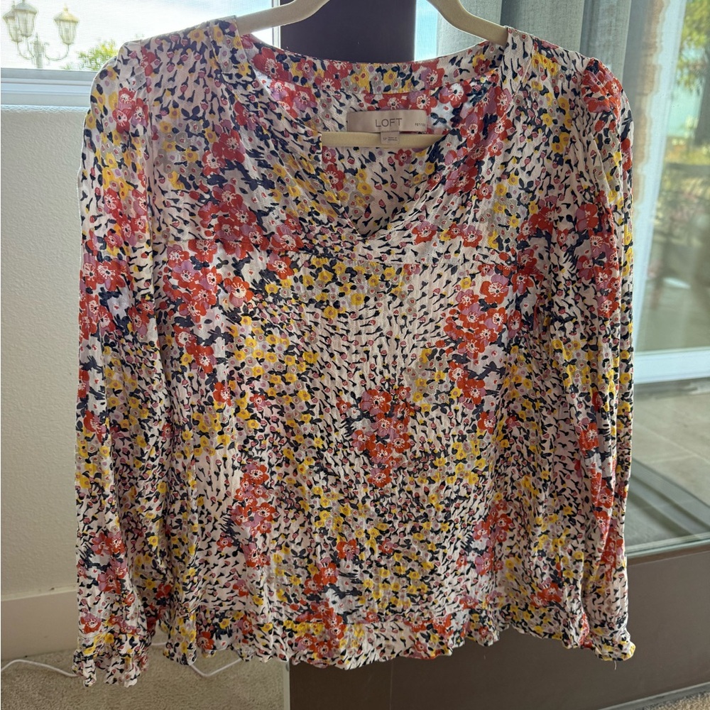 LOFT Women's Floral Blouse - Orange, Yellow, Black and Grey